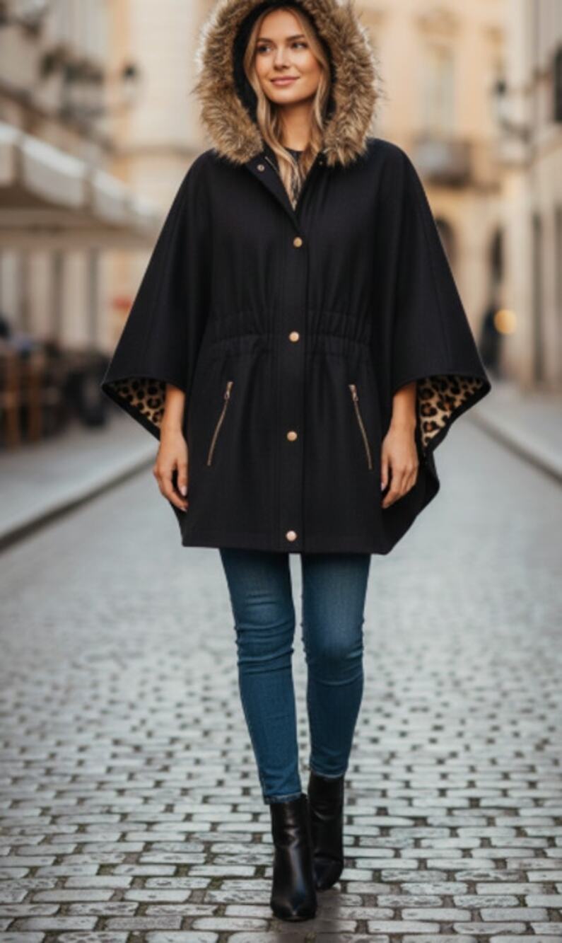 Moda International Hooded Wool Blendd Cape Coat Poncho